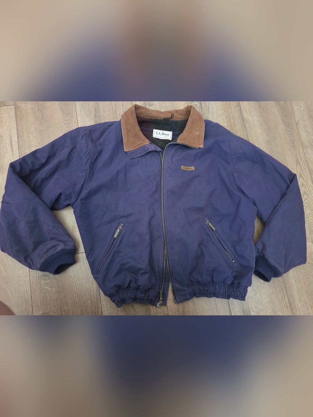 L.L. Bean Men's Navy Blue Bomber Jacket with Brown Collar